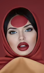 a woman wearing a red hood and matching makeup