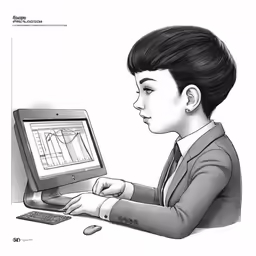 a drawing of a young woman in front of a computer