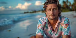 a man sitting down on a beach wearing a shirt and tie,a man in a shirt sits on a beach