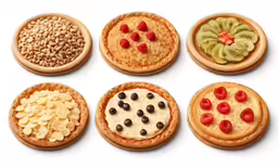 a white background has five pies of different kinds