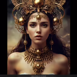a woman with gold jewelry in the middle of her face
