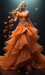 an attractive woman with long blonde hair is wearing an orange dress