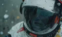 an adult wearing a spacesuit and helmet on a snowy day
