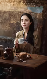 a woman is holding up a cup of coffee