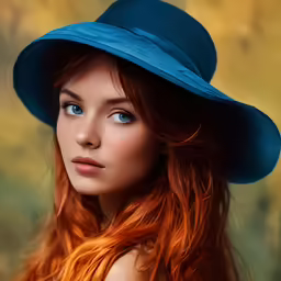 a woman with long red hair and a blue hat