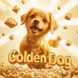 golden dog with its mouth open sitting in the rubble