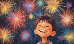 a drawing of a boy in a birthday shirt by fireworks