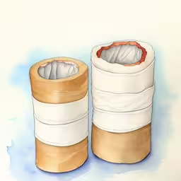 there is a drawing of three rolls of cloth wrapped in some sort of paper,two rolles with a wound end sitting on the floor