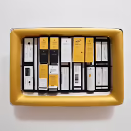 yellow and black objects in metal frame on white background