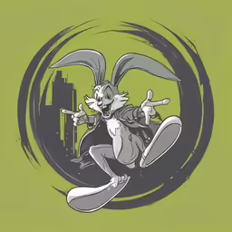 an illustrated image of a rabbit flying in front of city
