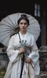 an asian woman in a white gown holding a parasol