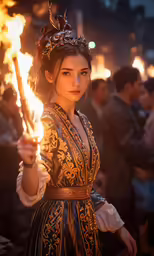 a woman in an oriental dress holding torches