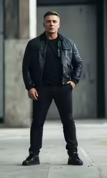 a man standing on the street wearing black jacket and shoes