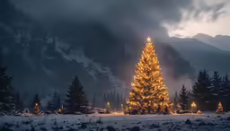 a lit up christmas tree surrounded by snow and fir trees