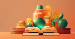 an open book next to some pills and a apple,a book with a stack of money, some pills and orange bottles