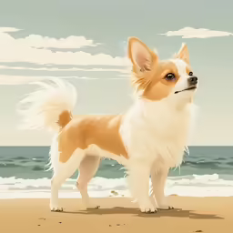 a small brown and white dog standing on a beach
