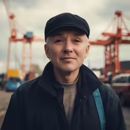 a man standing in front of a cargo yard with cranes