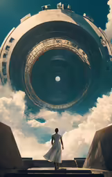a woman is walking on stairs with a sky background