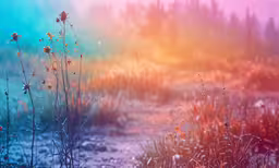 a digital painting of a bright meadow at dusk