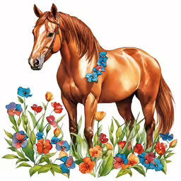 a horse with flowers and grass on its neck