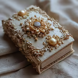 an elaborate, white book covered in pearls and stones