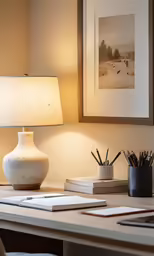 a desk with a lamp and various items sitting on it