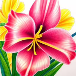 this painting shows two flowers with their leaves showing pink, yellow and green