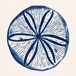 a drawing of an orange with a dark blue center and green leaves
