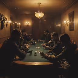 four men sit around a table playing cards
