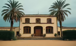there is a beautiful stucco and glass house with palm trees on the side