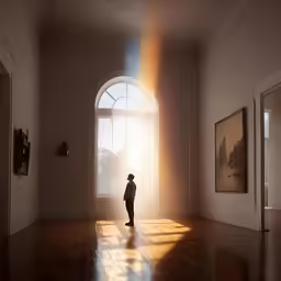 a person standing alone in an art gallery with sunlight coming through the window