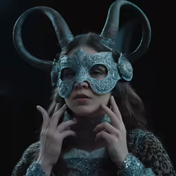 woman in animal print mask and horns wearing a blue dress