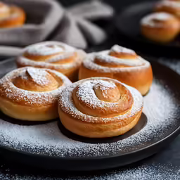 a pile of doughnuts with powdered sugar on top