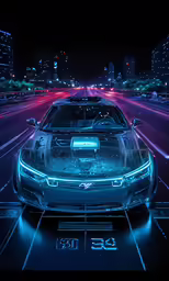 an electric car in front of some tall buildings at night