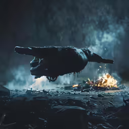 a person in black clothing floating over rocks