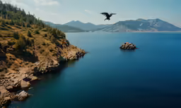 a bird flying over water with a mountain in the background