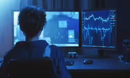 a man looking at the monitor with his back turned