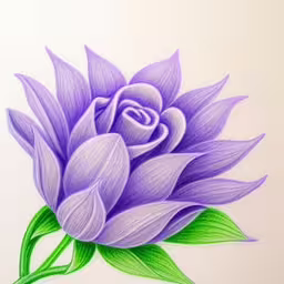 this is a picture of a purple flower with green leaves,drawing a flower in colored pencils and colored pencils