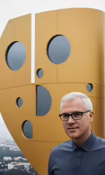 an older man is standing near a sculpture with large circular holes