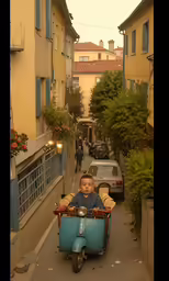 a boy is riding in a blue motorcycle