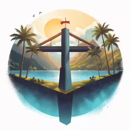 a cross is placed in front of an island with trees and mountains
