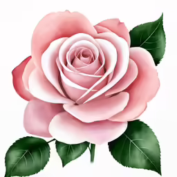 a pink rose with green leaves is displayed