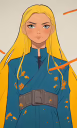 a woman with long yellow hair wearing a blue dress