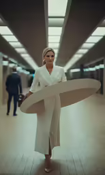 woman carrying a giant surfboard on her back in the lobby