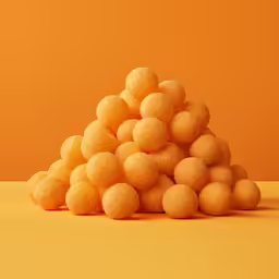a pile of doughnuts sits atop a yellow background