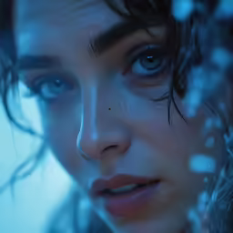 a blue eyed girl is looking at the camera