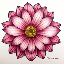 a drawing of a pink flower is displayed on white paper,the drawing shows a flower with pink petals