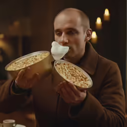 man is eating something out of a box in his hand