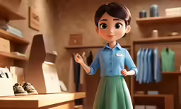 a character dressed in a uniform is standing by a store shelf