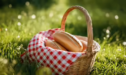 a basket full of bread sitting on top of grass